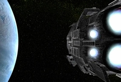 A space ship is shown in the dark.